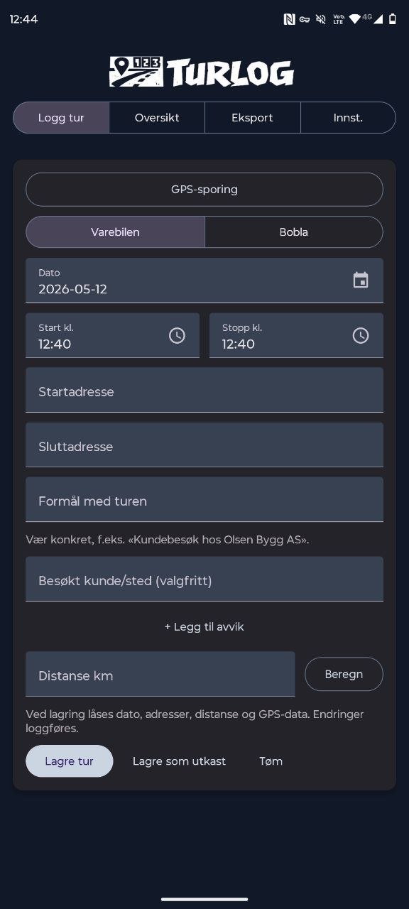 Skjermbilde av innstillinger i Turlog