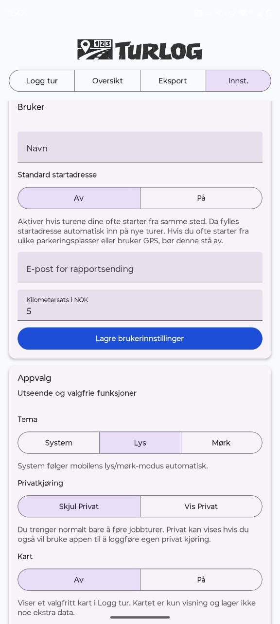 Skjermbilde av registrering av ny tur i Turlog