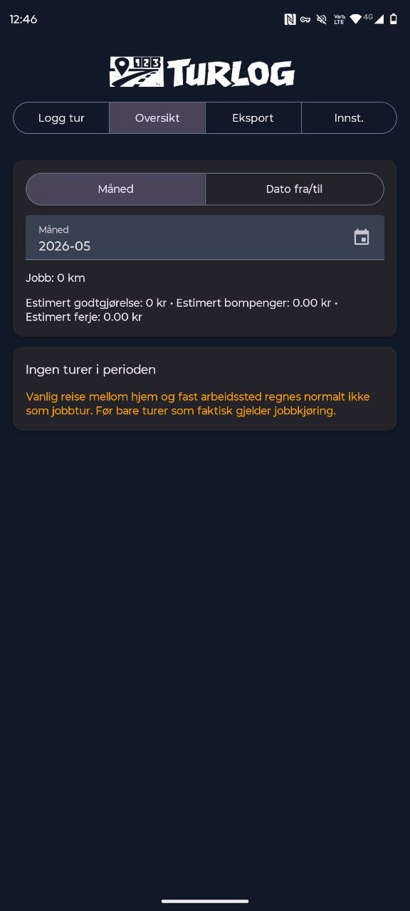 Skjermbilde av oversikt i Turlog